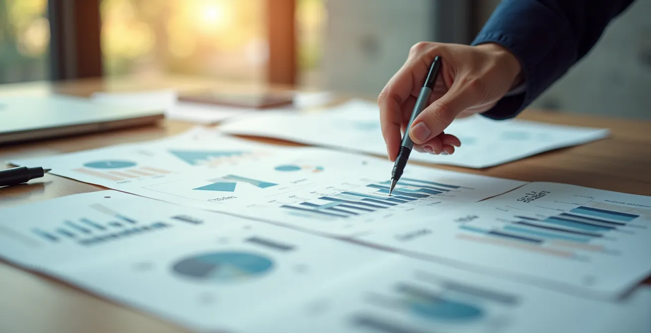 Vue d'ensemble photographique d'une table d'analyse avec documents superposés montrant matrices comparatives et graphiques de coûts de stockage, avec mains et stylo en gros plan examinant les détails