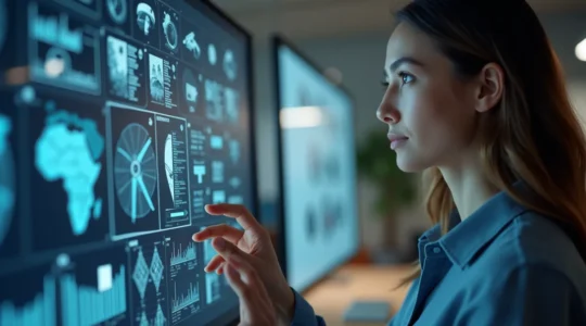 Personne tenant une tablette analysant les critères de sélection de caméra de surveillance avec graphiques de résolution et schémas de portée infrarouge visibles en arrière-plan