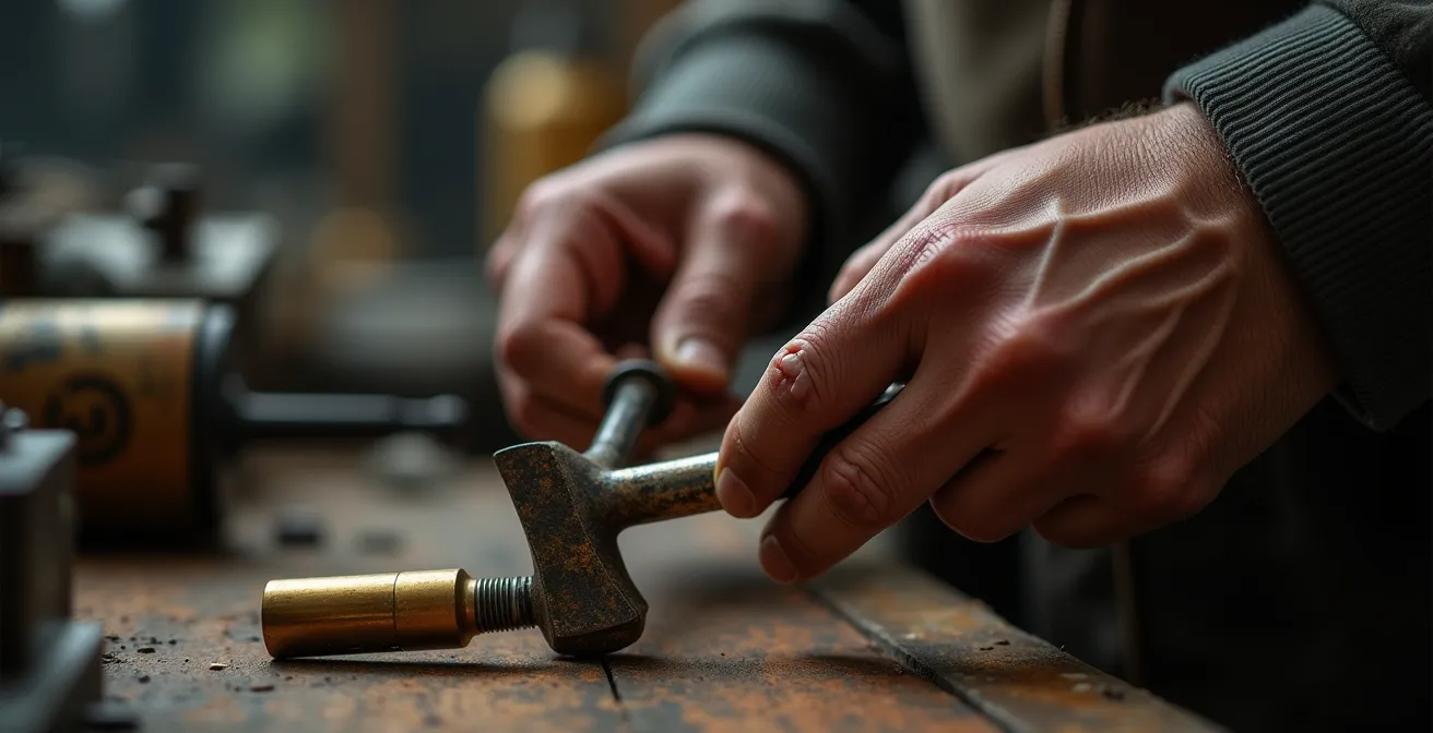 Gros plan sur les mains expertes d'un serrurier manipulant des outils de crochetage professionnels